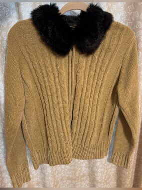 Vintage Designers Studio Faux Fur Collar Chenille Cable Knit Zip Sweater M